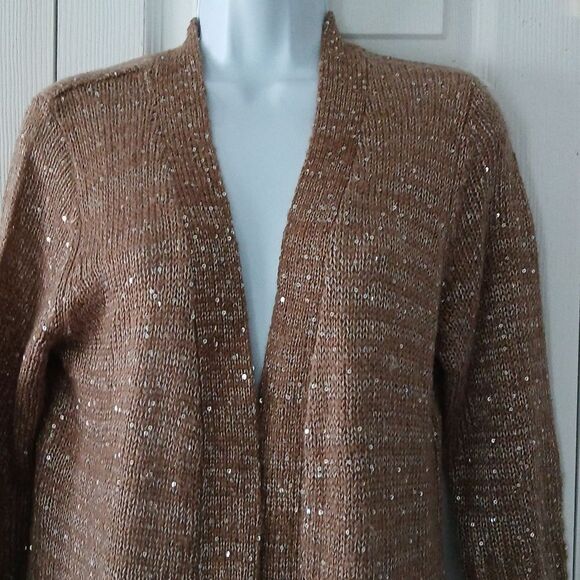 NY Collection Tan open front cardigan with silver sequins casual Sz PL NWOT - Picture 3 of 5